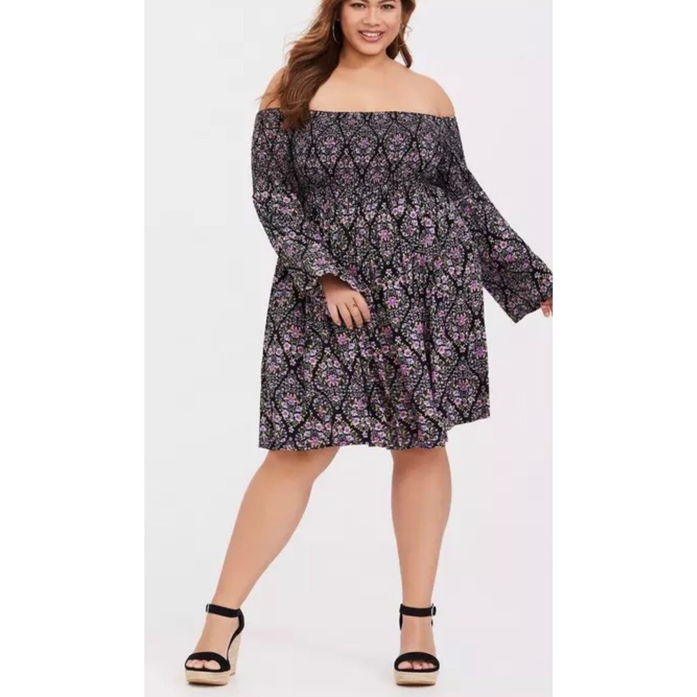 Torrid Womens Black Pink Floral Smocked Off The Shoulder Bell Sleeve Mini Dress - Picture 2 of 13